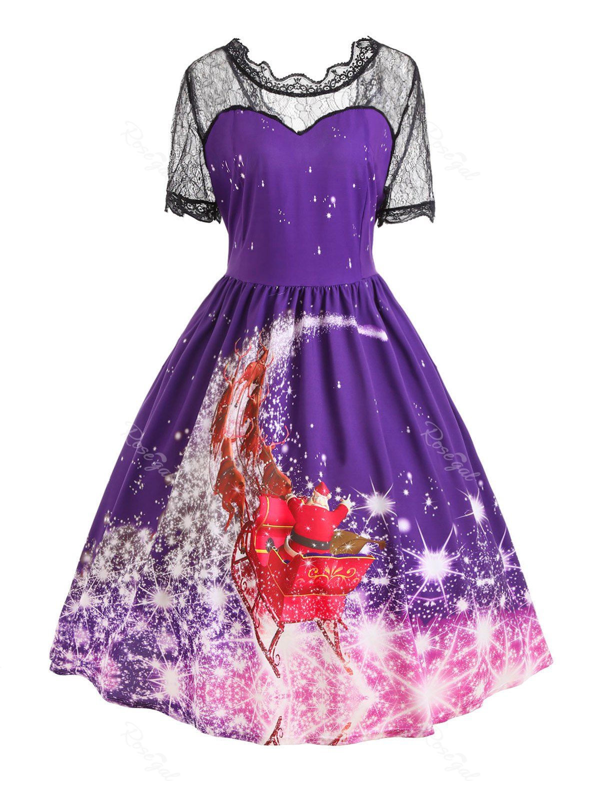 

Plus Size Christmas Santa Claus Lace Panel Dress, Purple
