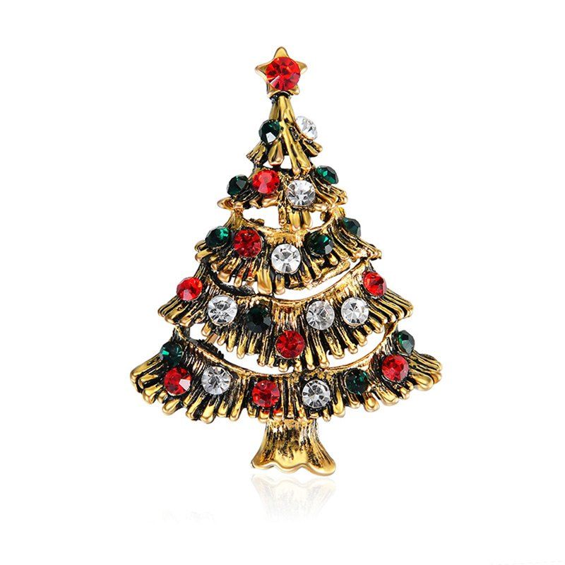

Rhinestoned Christmas Tree Pentagram Brooch, Golden