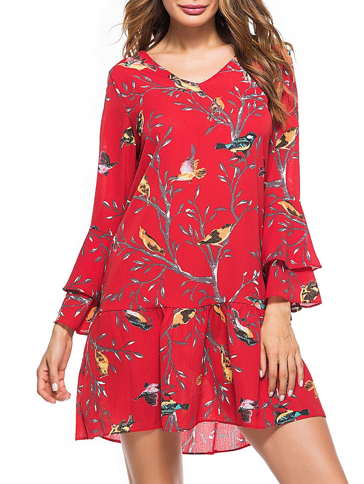 

Bell Sleeve Bird Print Drop Waist A Line Dress, Red