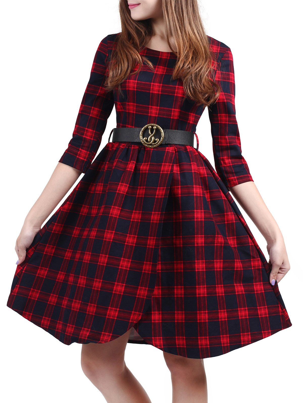 

Vintage Plaid A Line Dress, Red