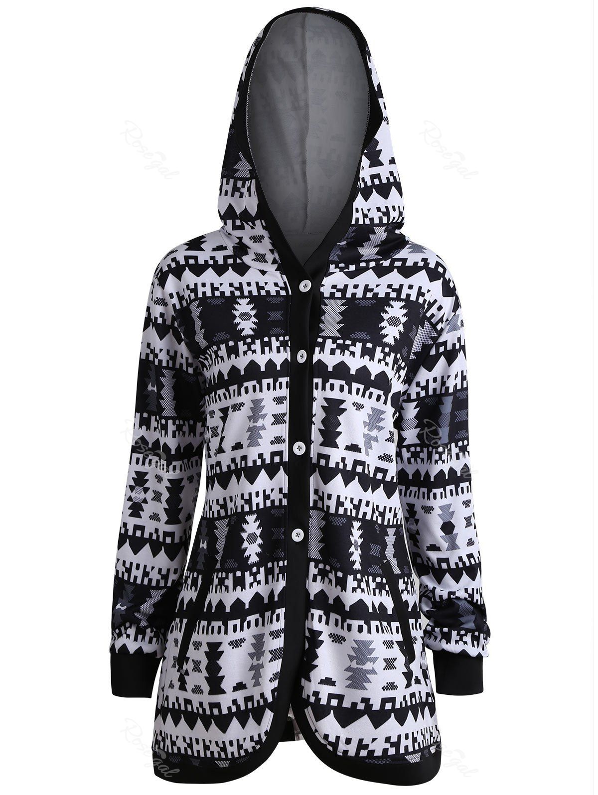 

Geometric Button Up Plus Size Hooded Coat, Black