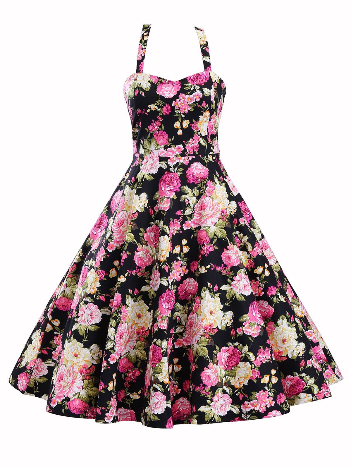 

Floral Print High Waist Halter Vintage Flowy Dress, Colormix