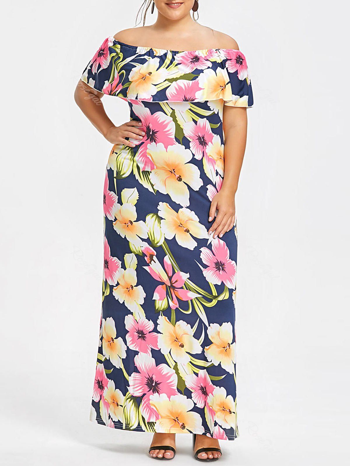 

Off The Shoulder Floral Print Flounce Plus Size Dress, Purplish blue