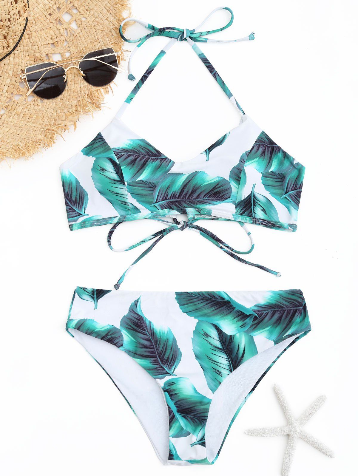 

Palm Leaf Back Lace Up Bikini, White