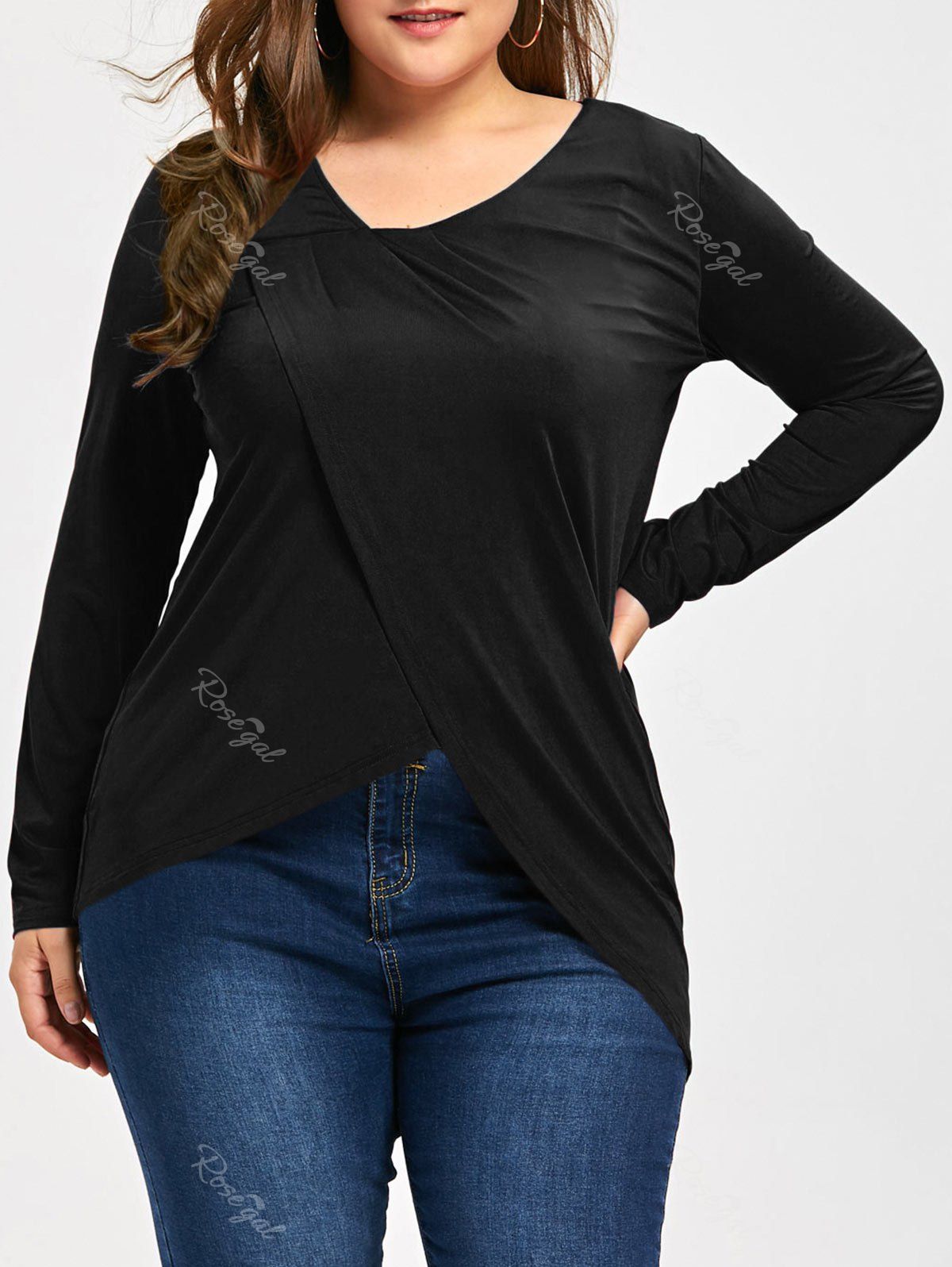T-Shirt Irrégulier à Manches Longues Grande-Taille Noir XL