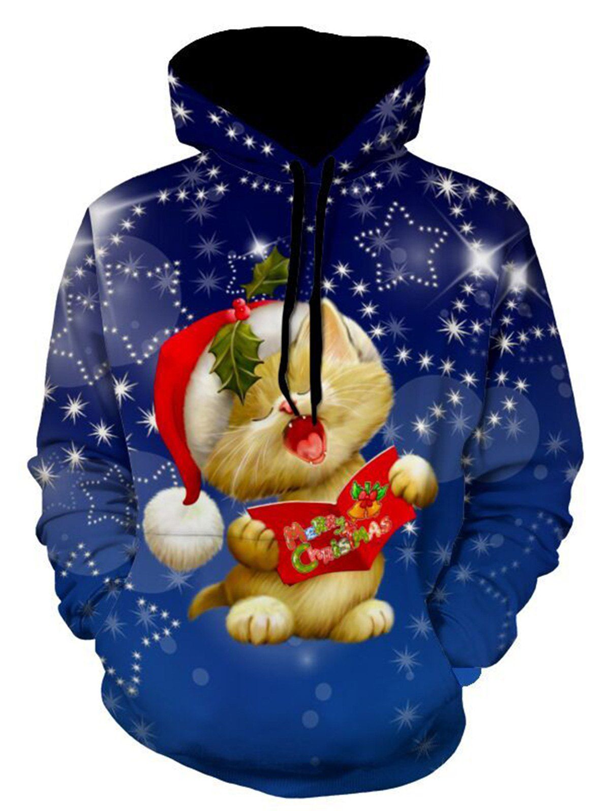 

Christmas Cat Star Print Pullover Hoodie, Blue