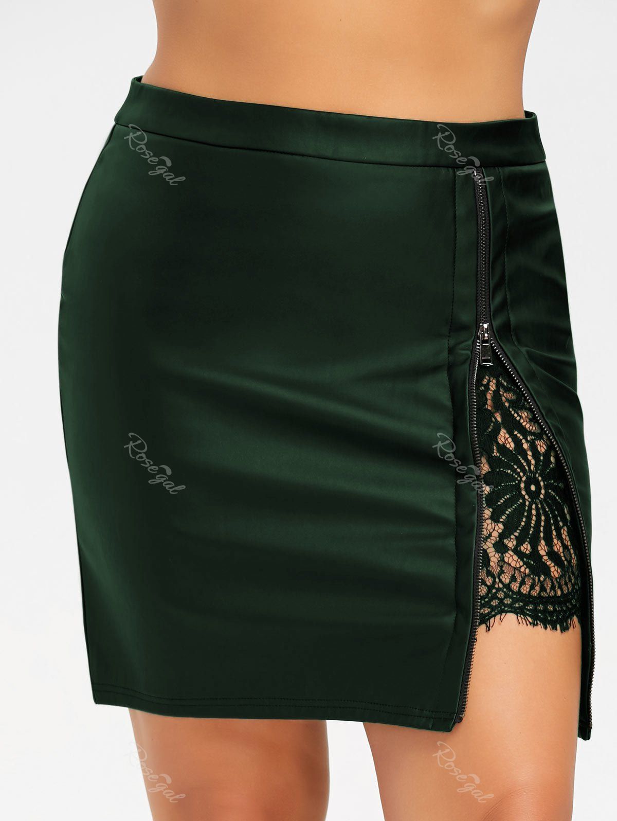 

Plus Size Lace Panel PU Leather Skirt, Blackish green