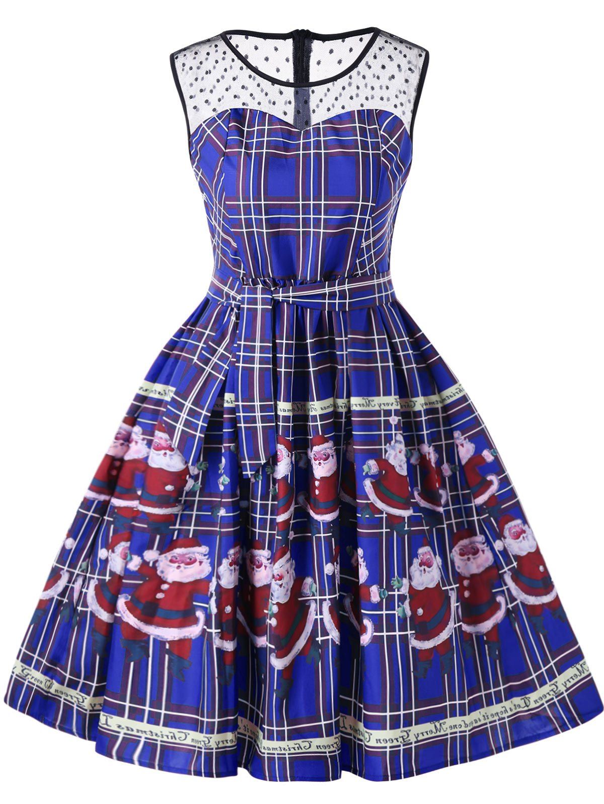 

Christmas Santa Claus Plaid Sheer Swing Dress, Blue