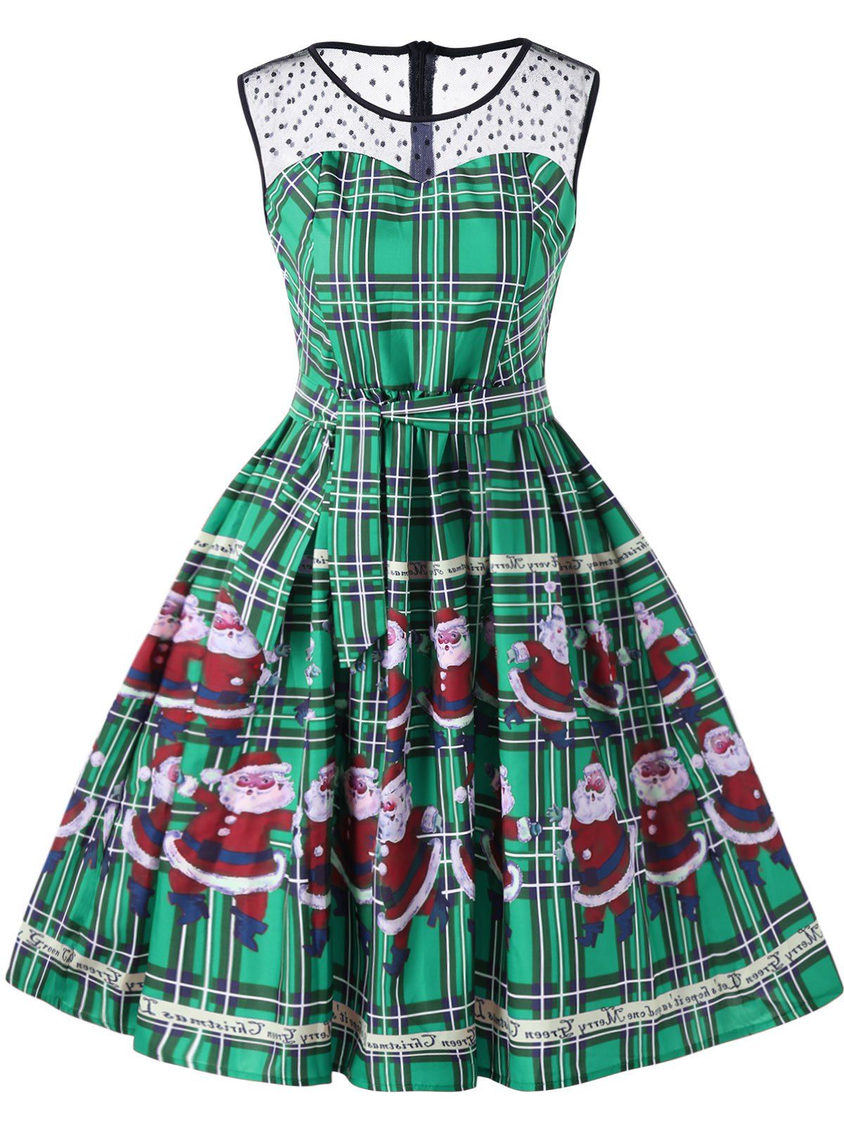 

Christmas Santa Claus Plaid Sheer Swing Dress, Green