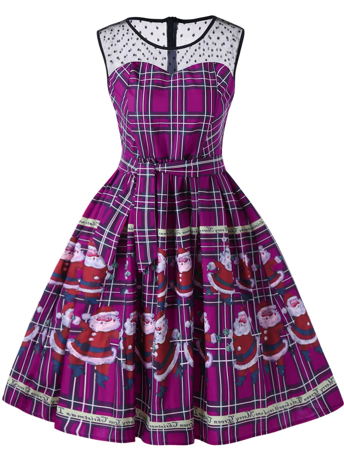 

Christmas Santa Claus Plaid Sheer Swing Dress, Purple