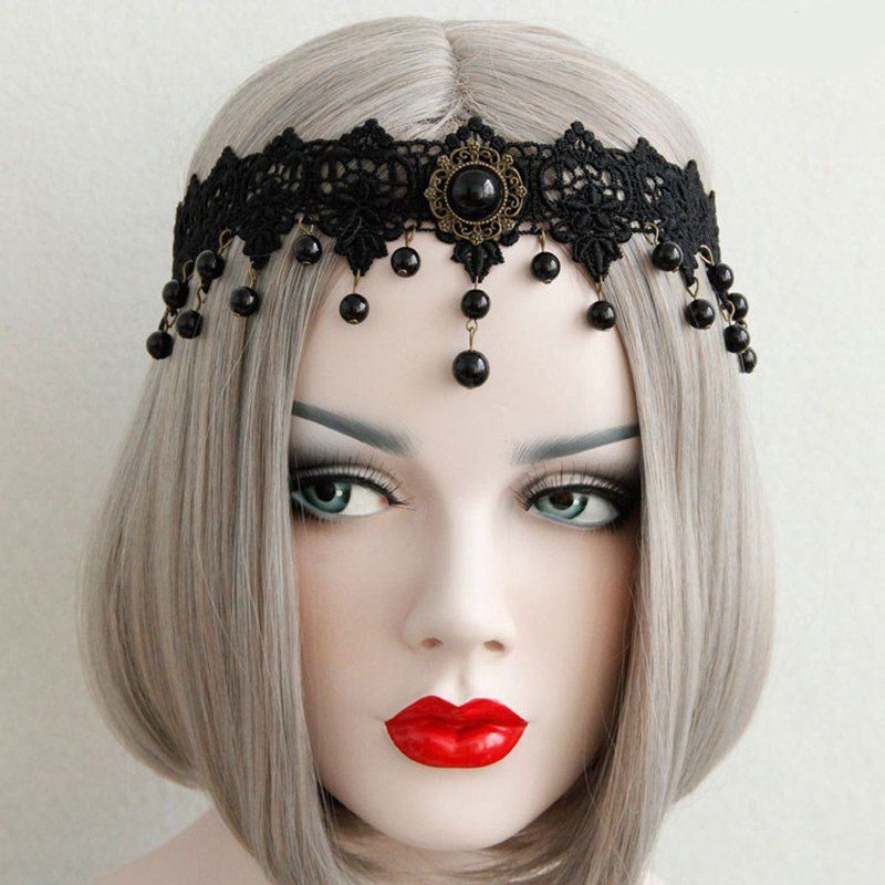 

Gothic Flower Beads Lace Elastic Hairband, Black