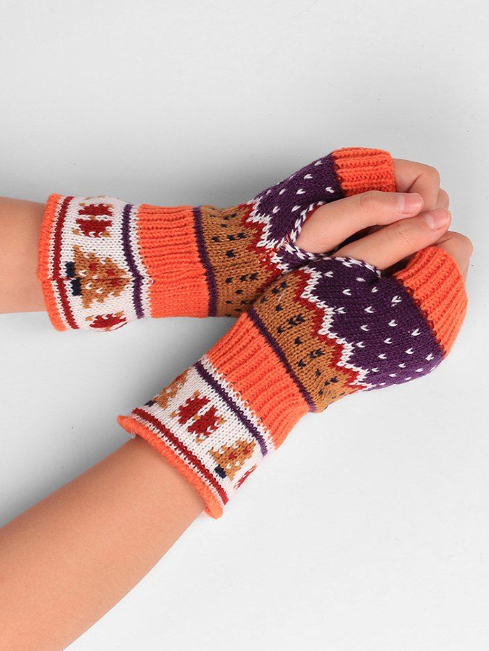 

Christmas Tree Decorated Crochet Knit Fingerless Gloves, Orange red