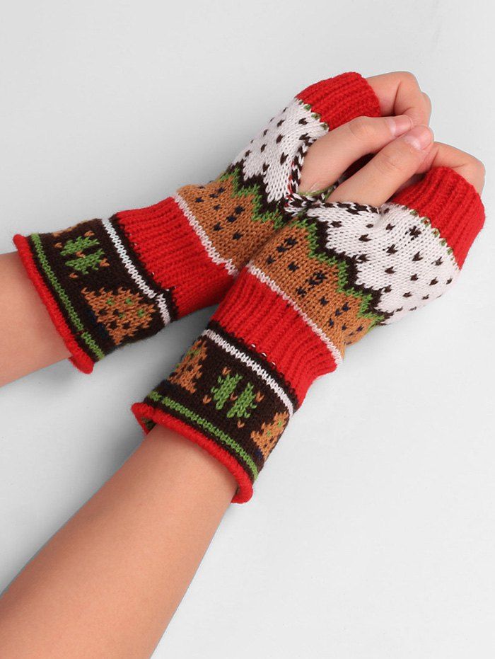 

Christmas Tree Decorated Crochet Knit Fingerless Gloves, Red