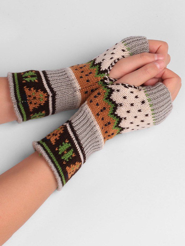 

Christmas Tree Decorated Crochet Knit Fingerless Gloves, Beige