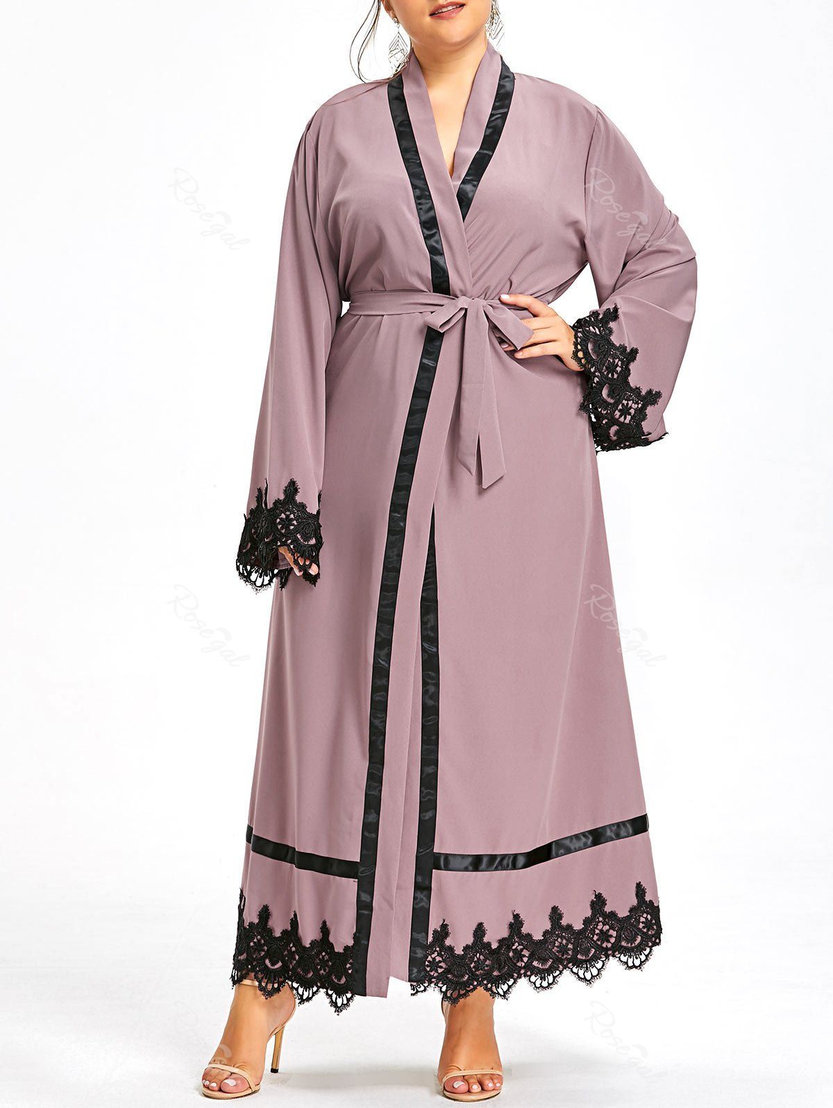 

Plus Size Lace Panel Maxi Robe Coat with Belt, Cameo