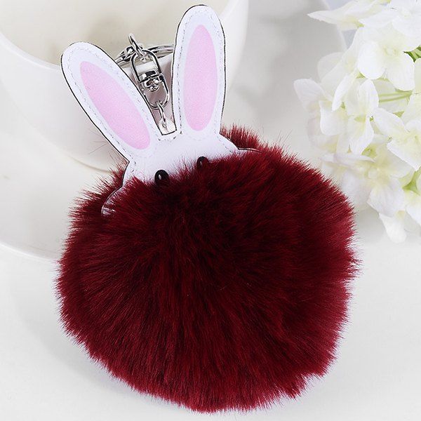 

Cute Artificial Leather Fuzzy Rabbit Keyring, Wine red