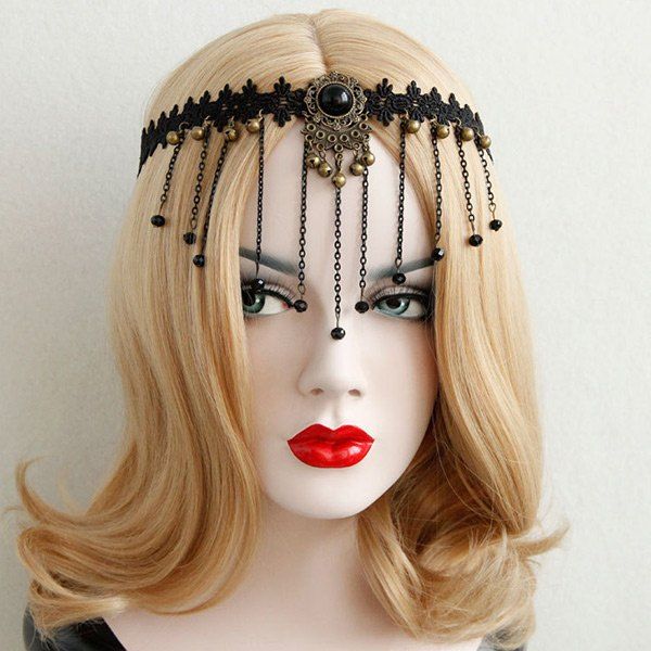 

Gothic Beads Fringed Flower Lace Forehead Hairband, Black