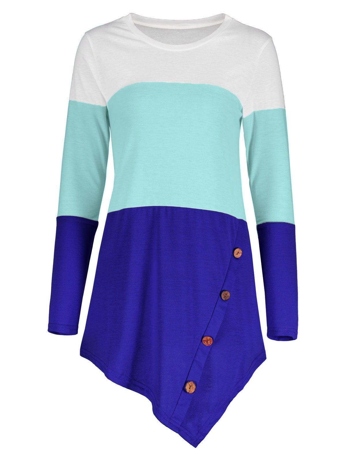 

Button Embellished Asymmetric Striped Color Block Top, Blue