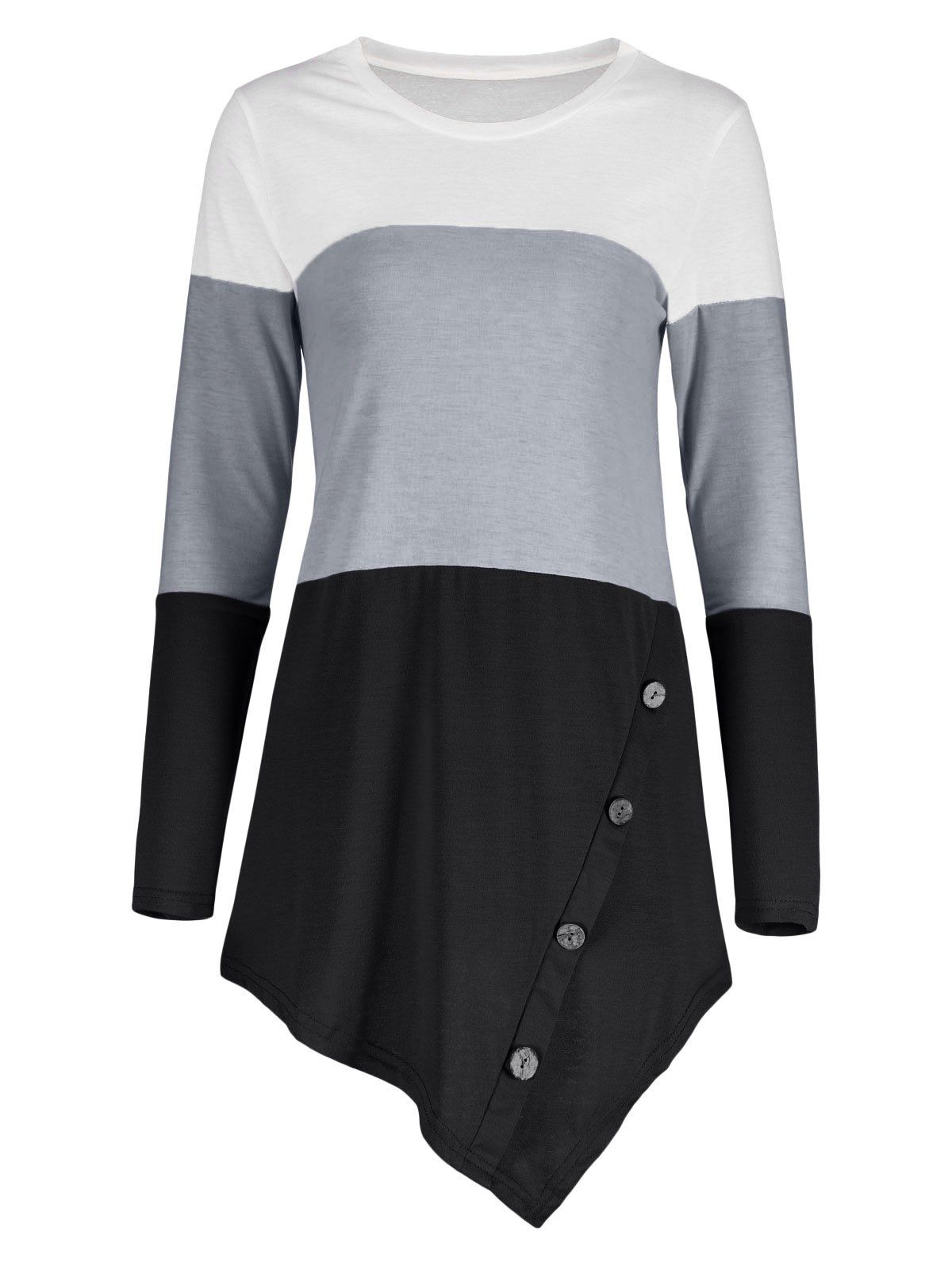 

Button Embellished Asymmetric Striped Color Block Top, Black
