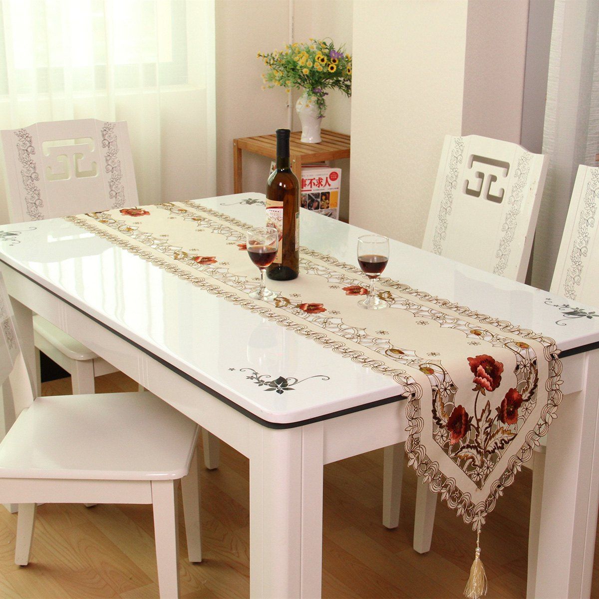 

Home Decor Embroidered Satin Hollow Out Table Runner, Palomino