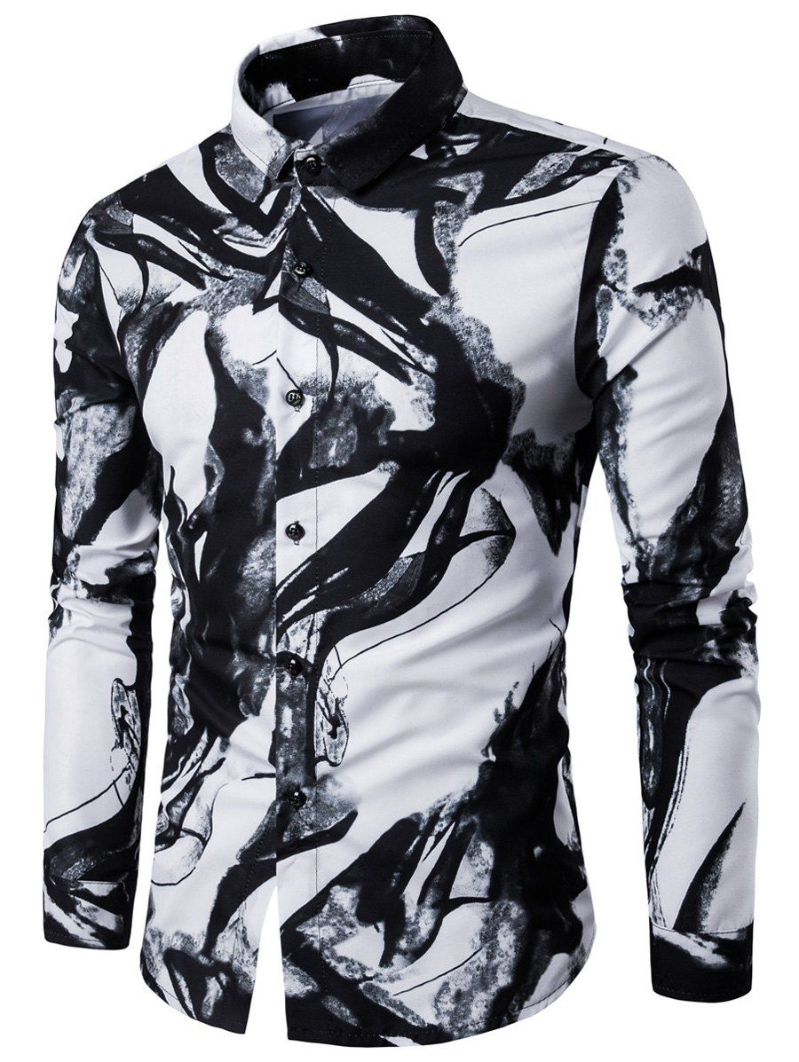 

Long Sleeve Ink Wash Painting Print Shirt, White