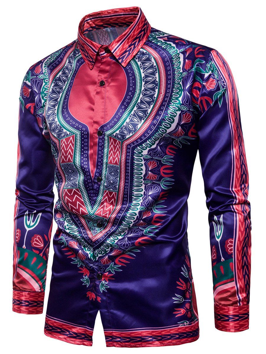 [38% OFF] Long Sleeve Tribal Print Color Block Shirt | Rosegal