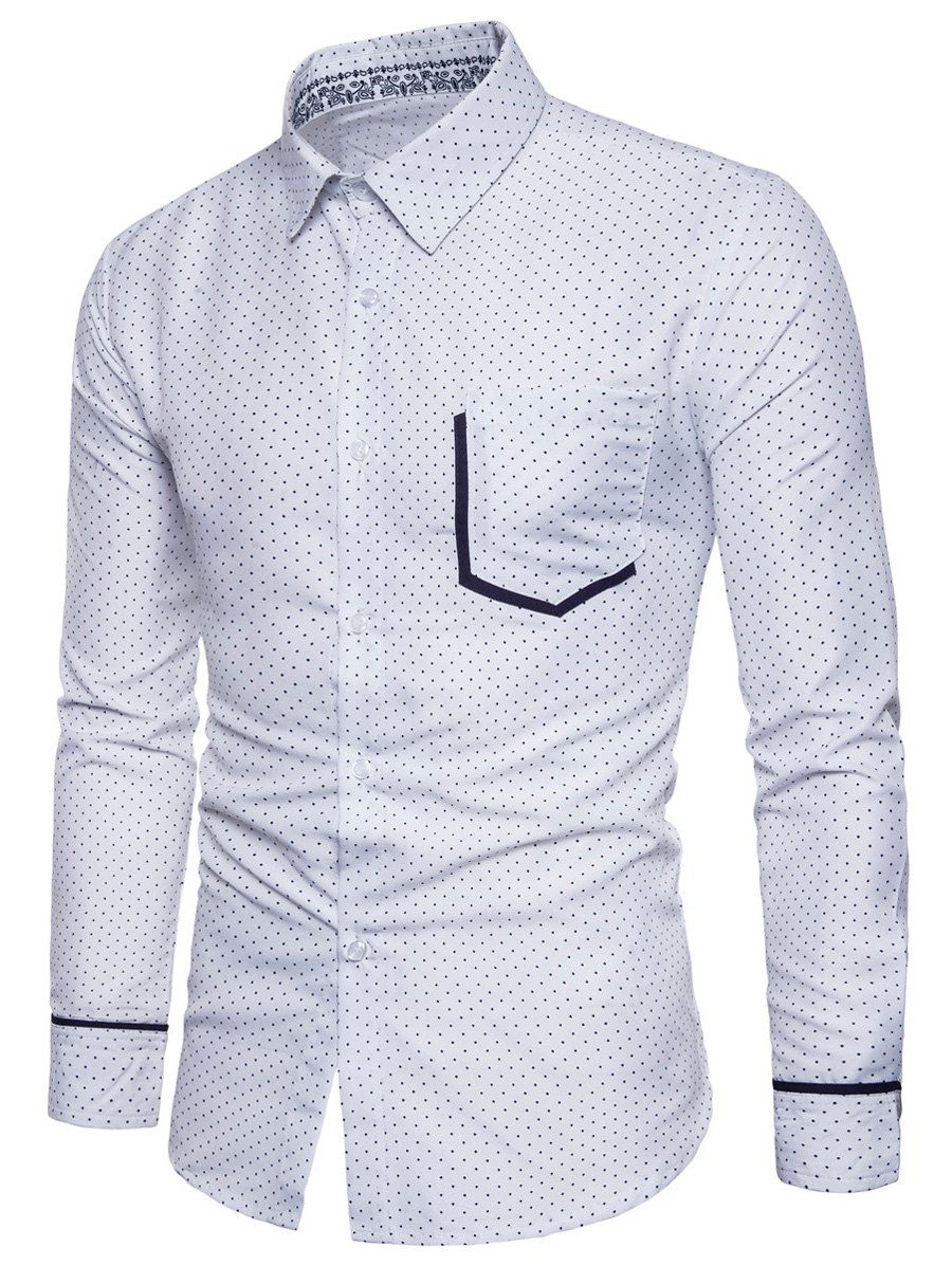 

Long Sleeve Dot Print Color Block Pocket Shirt, White