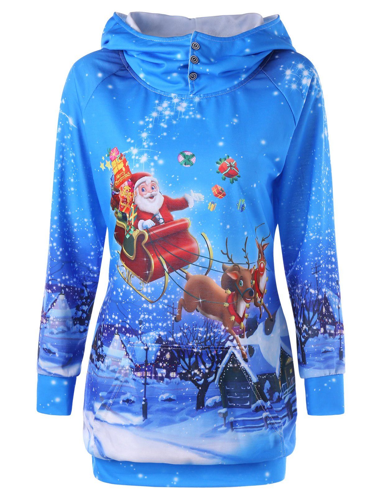 

Snowflake Santa Claus Print Graphic Christmas Hoodie, Blue