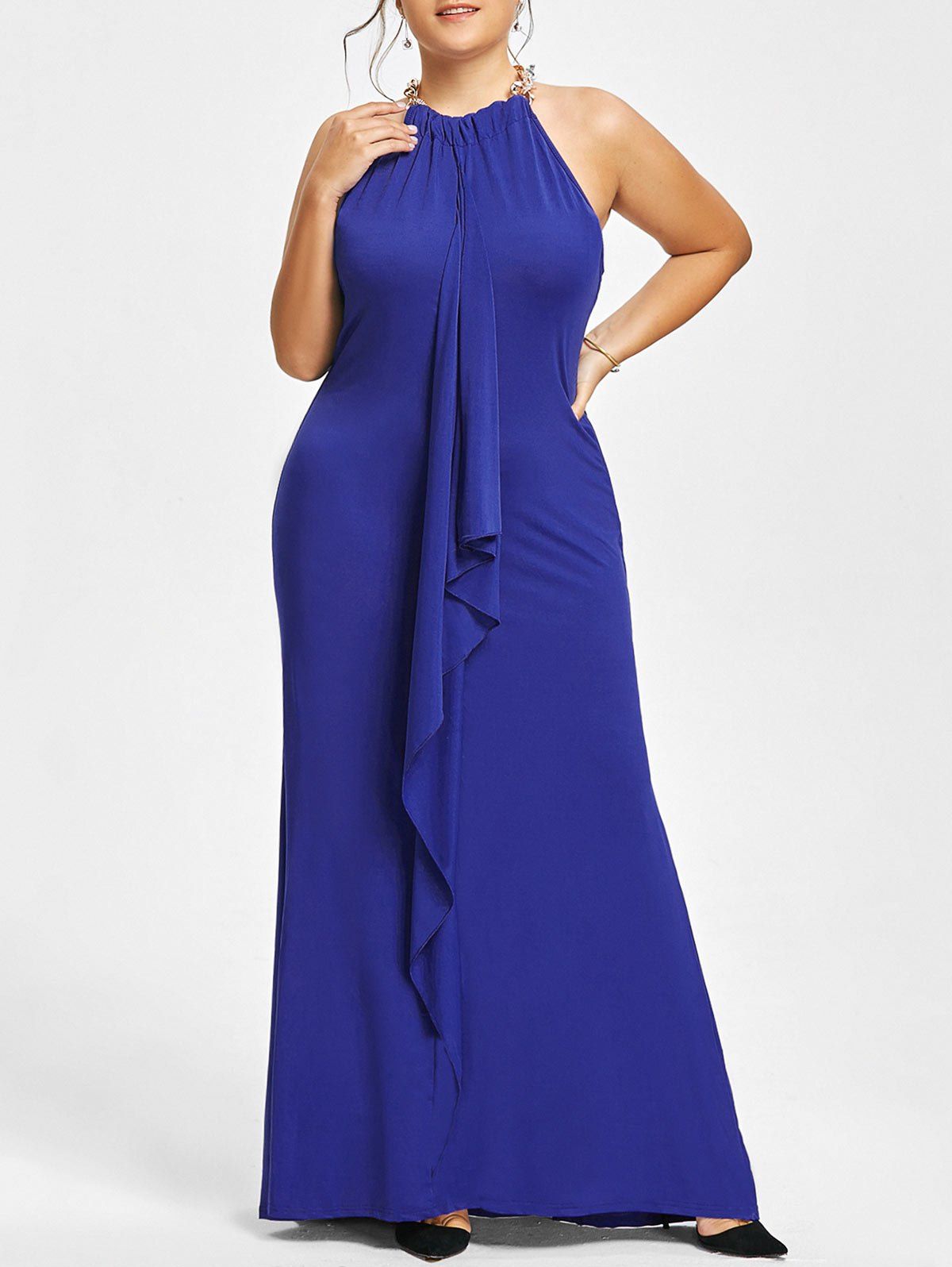 

Plus Size Chain Embellished Draped Maxi Prom Dress, Blue