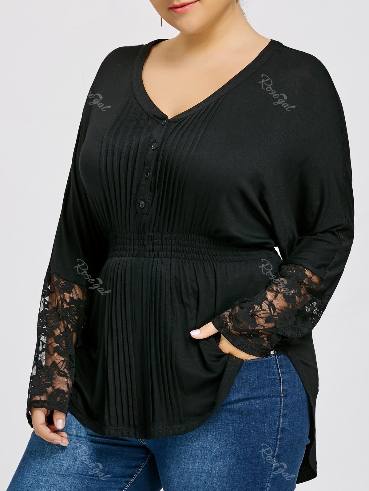 

Lace Panel V-neck Plus Size Pleated Blouse, Black