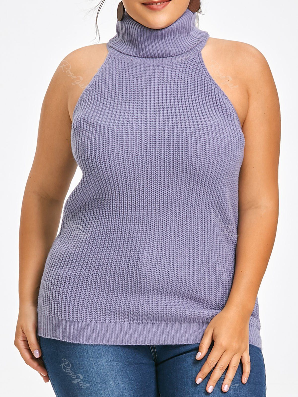 

Plus Size Ribbed Knitted Turtleneck Vest, Purple