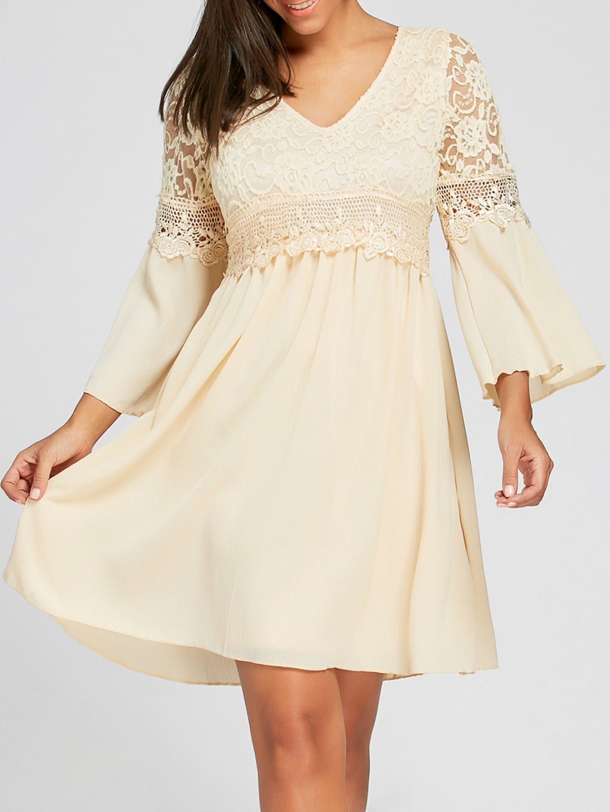 

Empire Waist Lace Insert Mini Skater Dress, Apricot