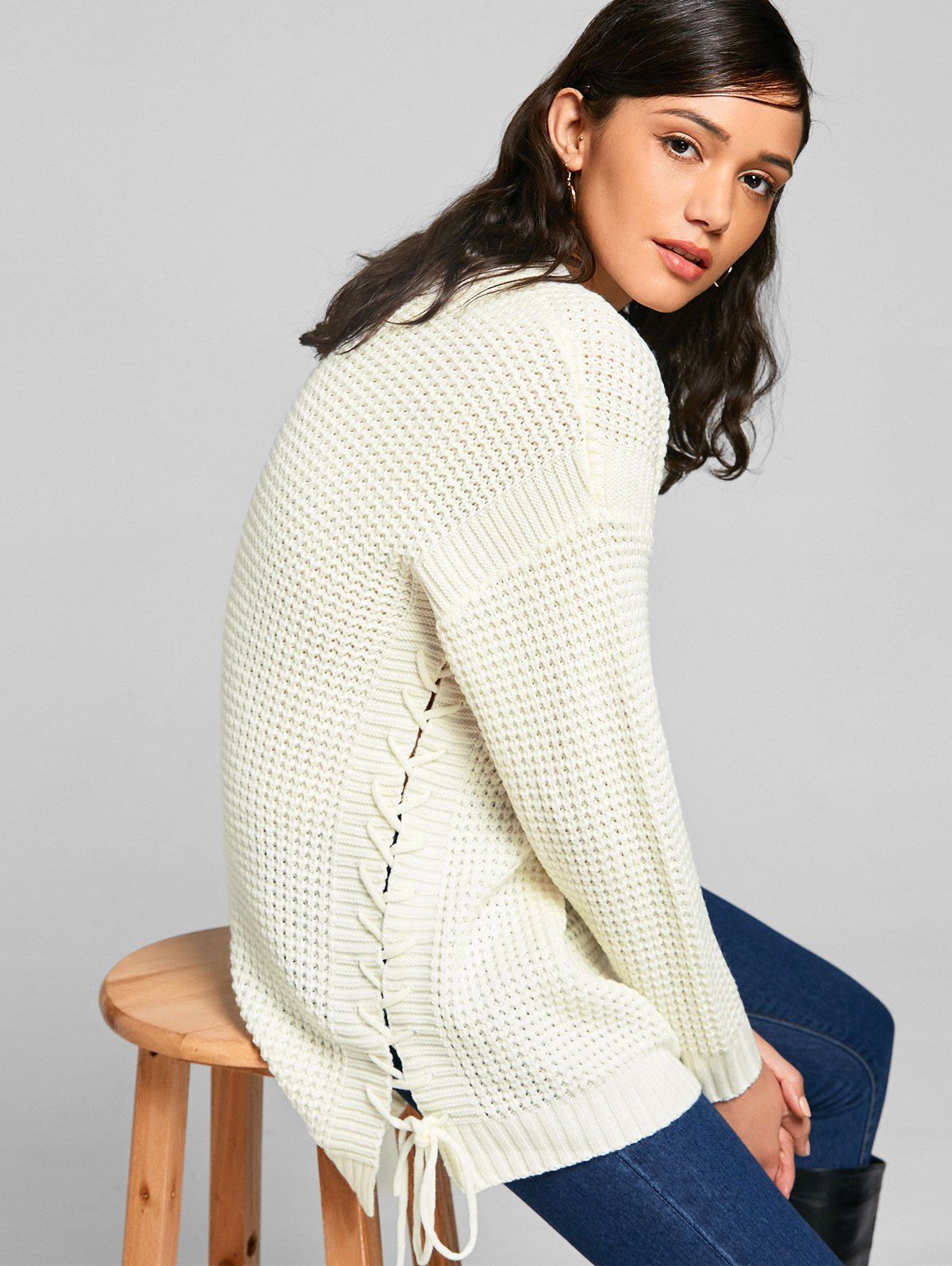 

Chunky Lace-up Tunic Sweater, Off-white