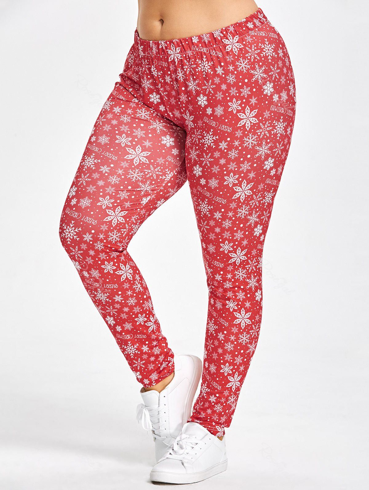 

Merry Christmas Snowflake Print Plus Size Leggings, Red