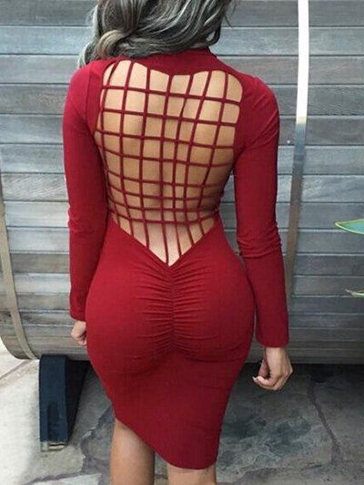 

Mock Neck Backless Rope Panel Bodycon Dress, Red