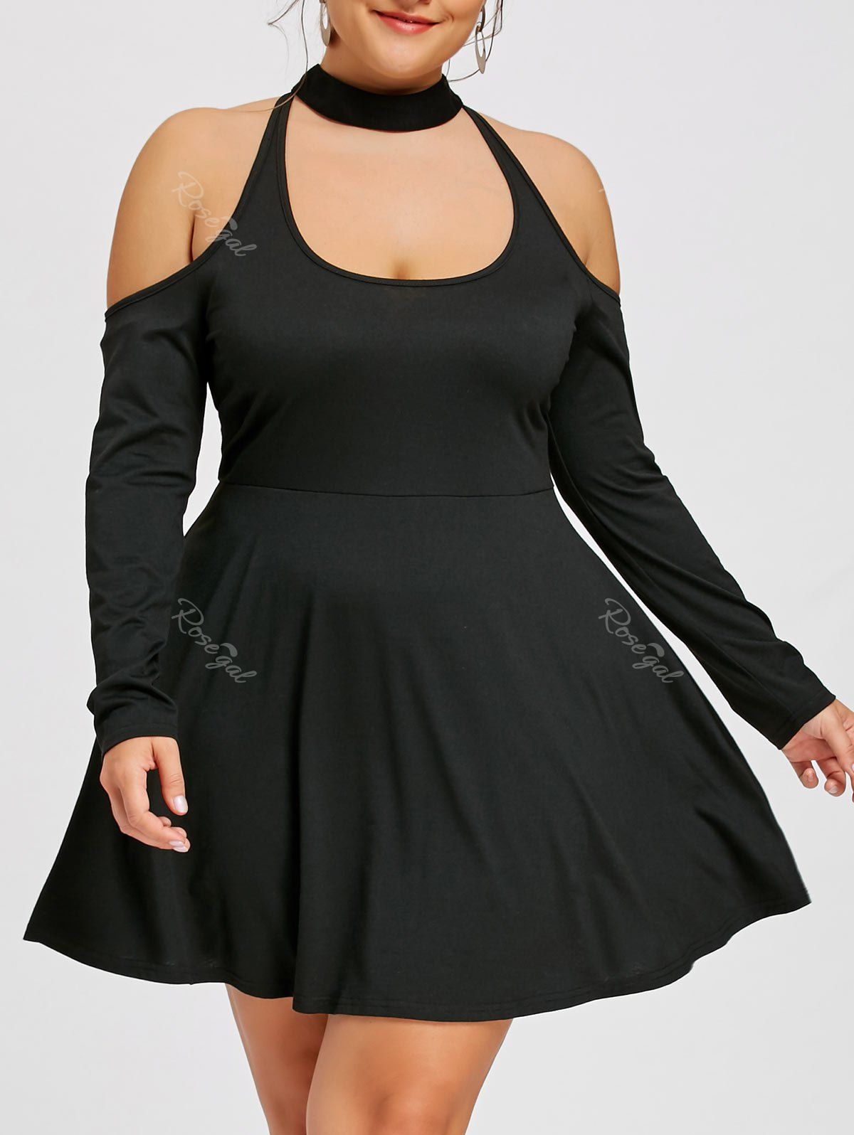 

Plus Size Cold Shoulder Lace Up Skater Dress, Black