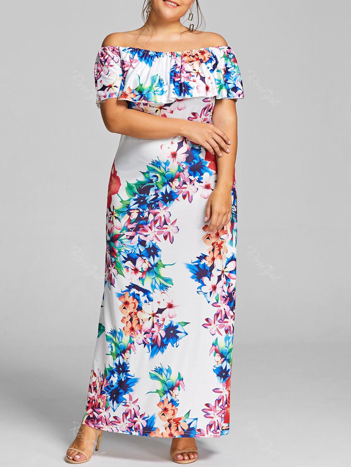 

Plus Size Off The Shoulder Floral Print Dress, White
