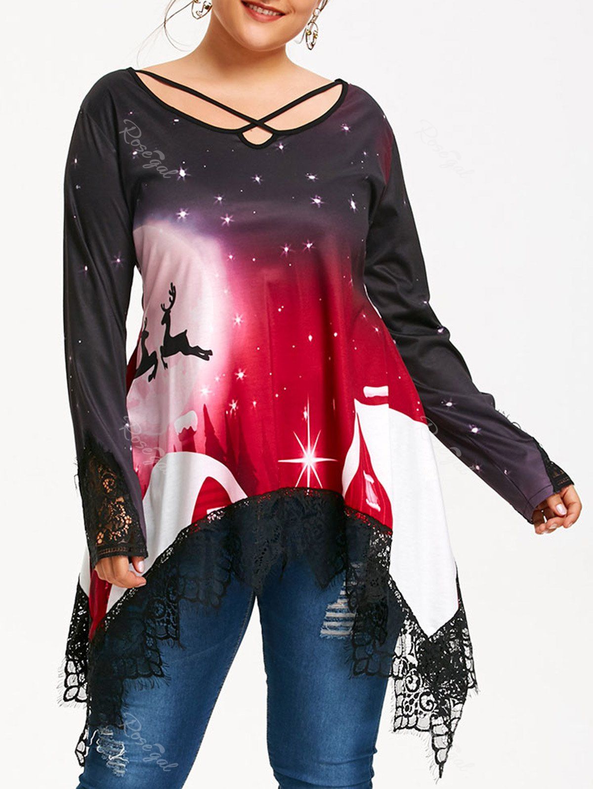 

Christmas Print Plus Size Long Sleeve Sharkbite T-shirt, Colormix