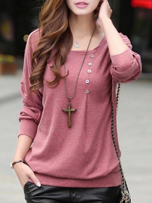 

Buttoned Dolman Sleeve T-shirt, Russet-red