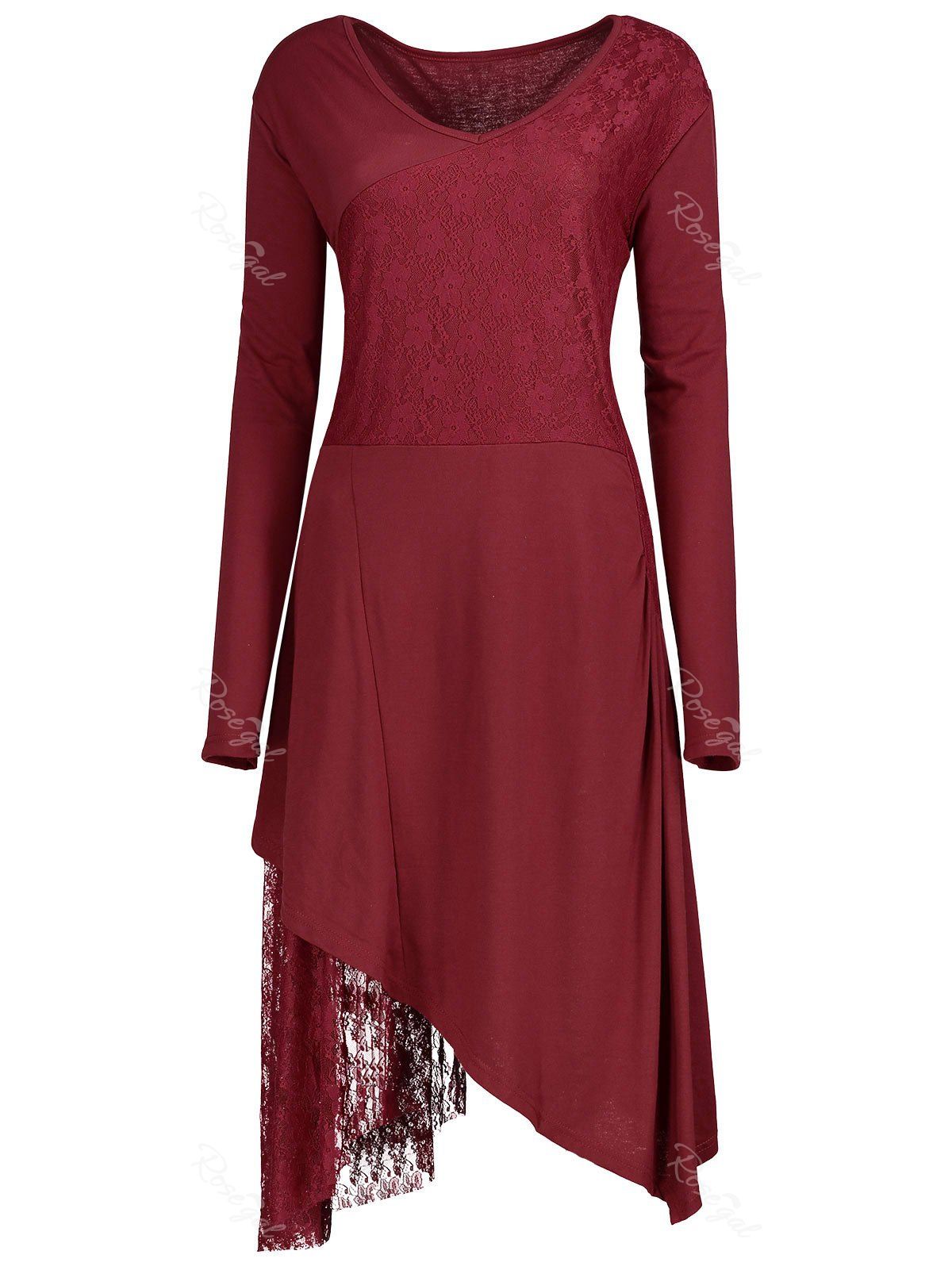 

Christmas Party Plus Size Lace Trim V-neck Dress, Red