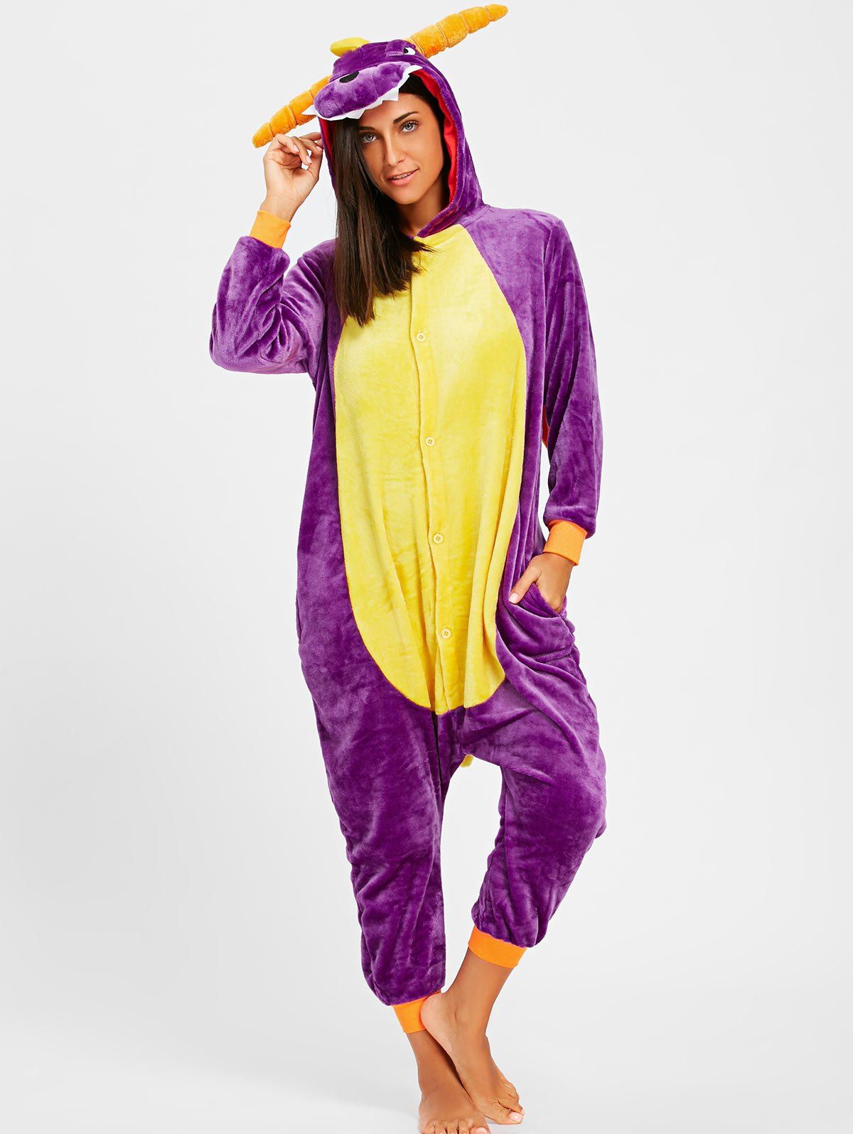 

Fleece Dragon Animal Onesie Pajamas with Horn, Purple
