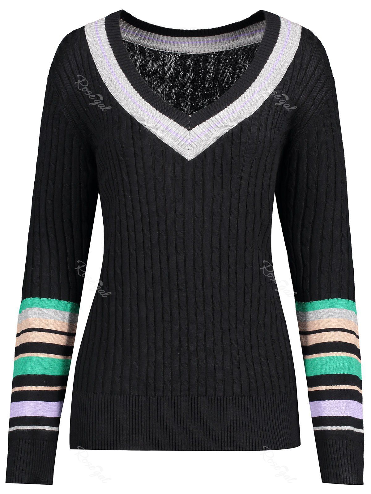 

Plus Size V Neck Striped Sweater, Black