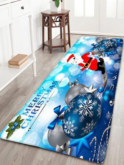 

Christmas Balls Santa Claus Print Skidproof Flannel Bath Rug, Blue