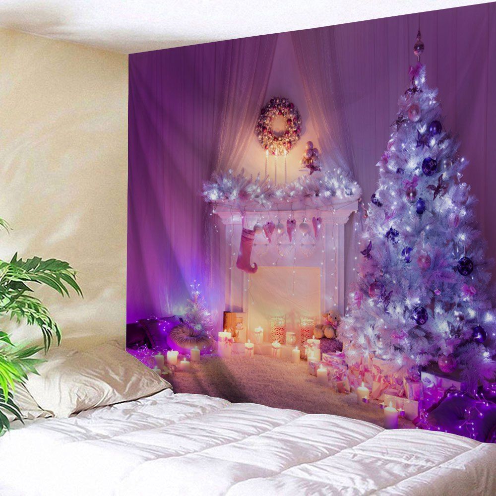 

Wall Hanging Christmas Fireplace Tree Printed Tapestry, Purple