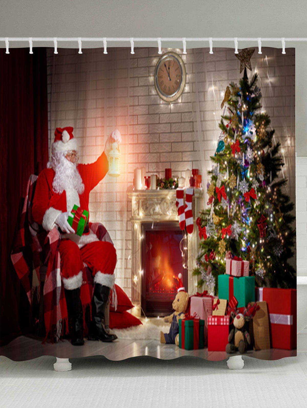 

Christmas Tree Fireplace Santa Claus Waterproof Bath Curtain, Colormix