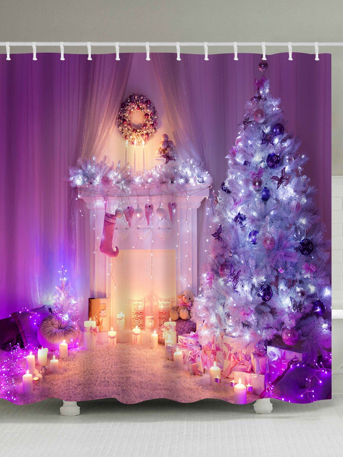 

Christmas Tree Fireplace Print Waterproof Shower Curtain, Purple