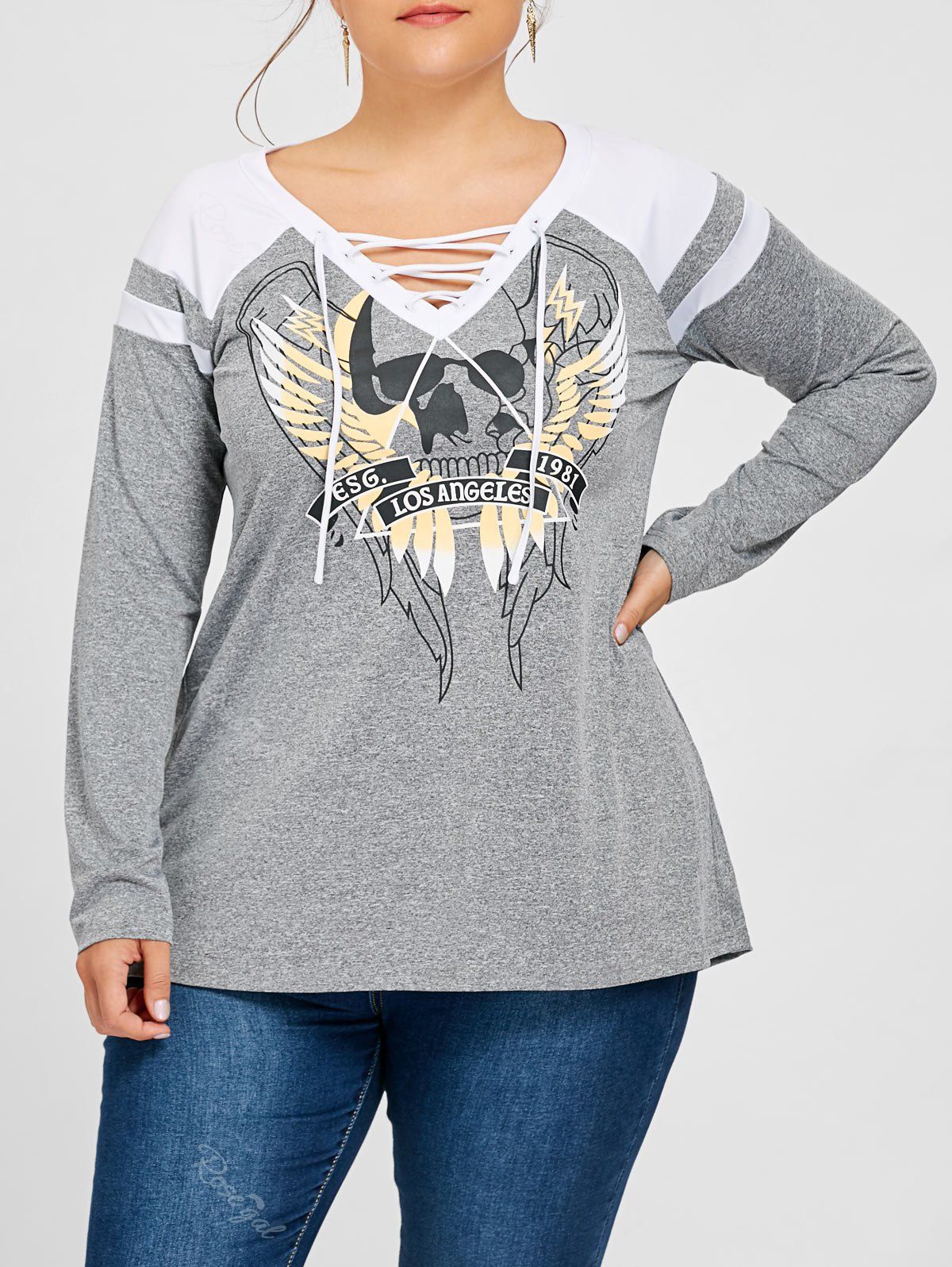 

Plus Size Skull V Neck Lace Up Top, Gray