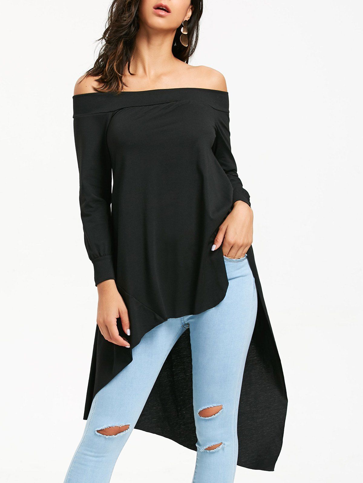 

Off Shoulder Long Sleeve High Low T-shirt, Black
