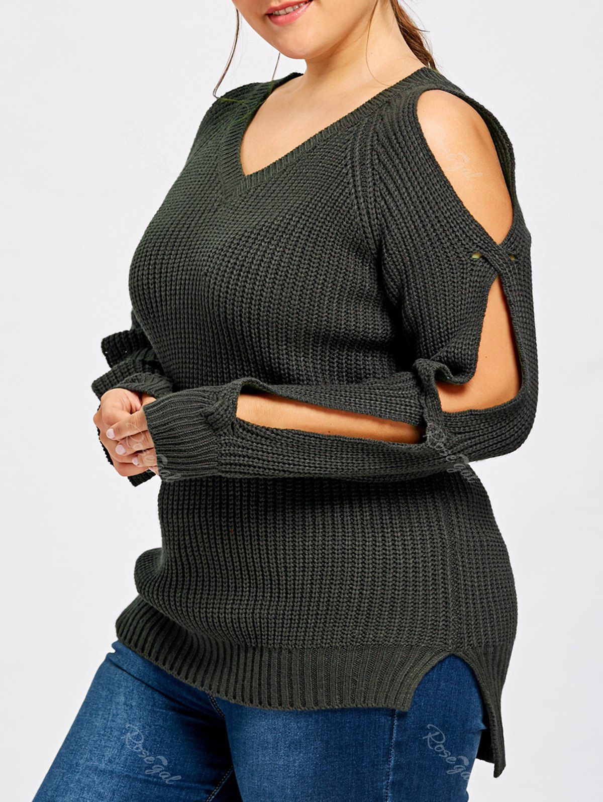 

Plus Size Split Sleeve V Neck Sweater, Black grey