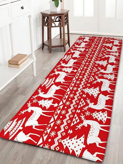 

Christmas Tree Deer Print Nonslip Flannel Bath Mat, Red